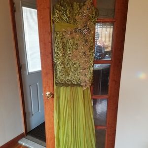Fun fashion green dress with chiffon overskirt